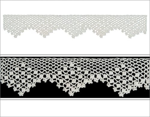 Dantel birbirini takip eden v şeklinde dekoratif şekilde örülmüştür. Tekli trabzanlarla boşluklar, üçlü trabzanlarla dolgulu bölümler örülmüştür. Dantelin sarkan üçgen kenarlarında sık iğne tekniğiyle tirfil süslemeleri yapılmıştır.
