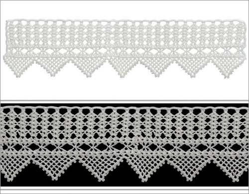 Sıkiğne tekniğiyle dantelin ilk sırası kalın bir şerit olarak örülmüştür. Başak görünümlü desenler, simetrik bir şekilde orta bölümü oluşturmuştur. Dantelin sarkan uç kısmı seyrek dokulu üçgen şeklinde tasarlanmıştır.