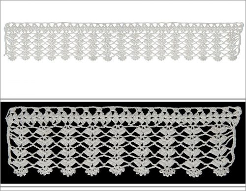 Çoğunlukla simetrik desenlerin kullanıldığı dantel yedi sıra olarak örülmüştür. Başak şeklindeki tasarım üst bölümde, yatay olarak sarkan kısımda ise dikey olarak tasarlanmıştır.