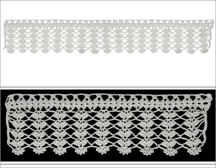 Çoğunlukla simetrik desenlerin kullanıldığı dantel yedi sıra olarak örülmüştür. Başak şeklindeki tasarım üst bölümde, yatay olarak sarkan kısımda ise dikey olarak tasarlanmıştır.