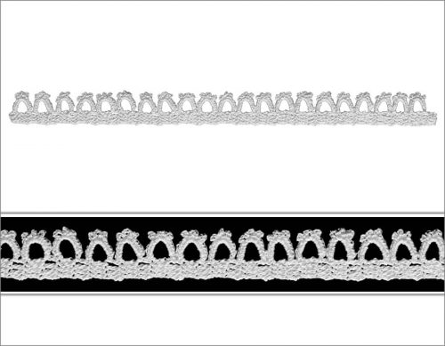 Dantel ilk sırada tamamen dolgulardan oluşan düz şerit görünümünde örülmüştür. İkinci sırada ise yan yana minik taçlardan oluşan dekoratif süslemeler yapılmıştır.