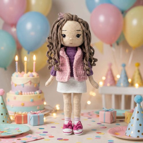 Doğum günü partisi konseptli arka planda, renkli balonlar ve pasta ile sergilenen şık amigurumi örgü bebek.