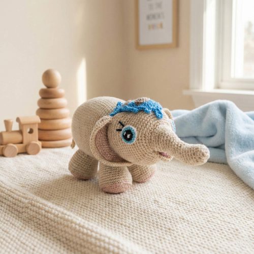Bebek odası dekorasyonu için amigurumi fil ve ahşap oyuncaklar