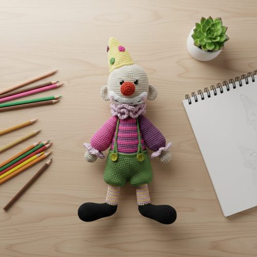 Farklı açılardan el yapımı amigurumi palyaço karakteri kolaj çalışması