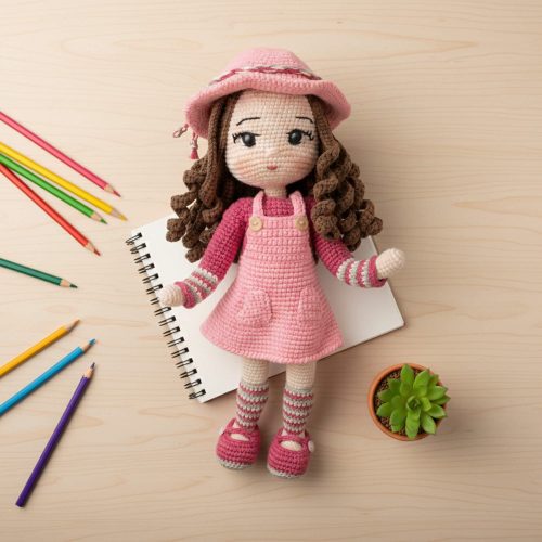 Ahşap masa üzerinde boya kalemleri ve defter ile sunulan 30 cm boyundaki amigurumi bebek (Flat lay).