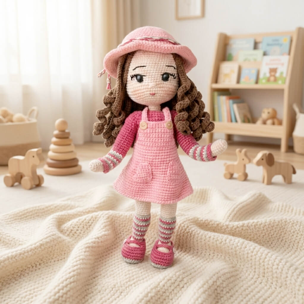 Çocuk odası dekorasyonunda, oyuncakların arasında duran pembe konseptli şık amigurumi bebek.